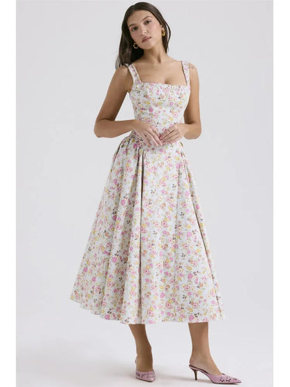 Vestidos de tirantes finos con estampado de flores para mujer, moda sexy, espalda descubierta, corte bajo, pliegues, estilo vacacional, vestido midi ajustado, vestidos femeninos