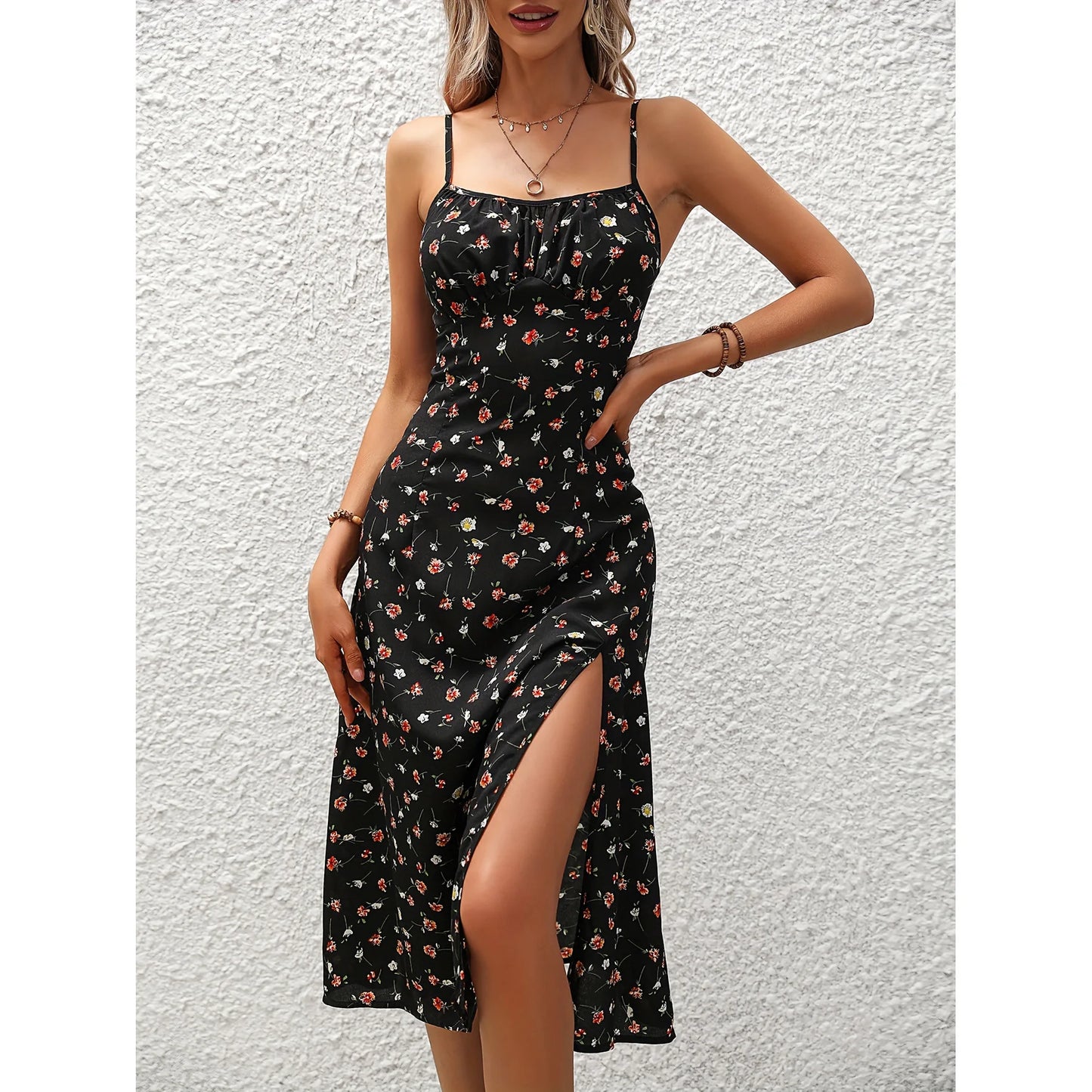 Vestidos de tirantes finos con estampado de flores para mujer, primavera y verano, nuevos, sin espalda, ajustados, sin mangas, con abertura, estilo vacacional para mujer