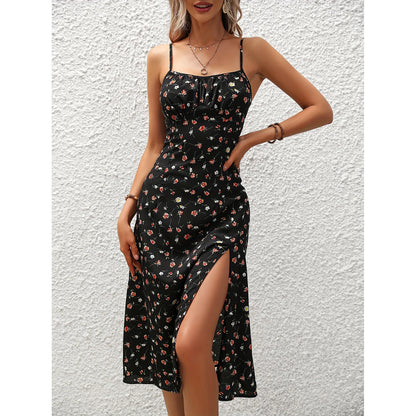 Vestidos de tirantes finos con estampado de flores para mujer, primavera y verano, nuevos, sin espalda, ajustados, sin mangas, con abertura, estilo vacacional para mujer