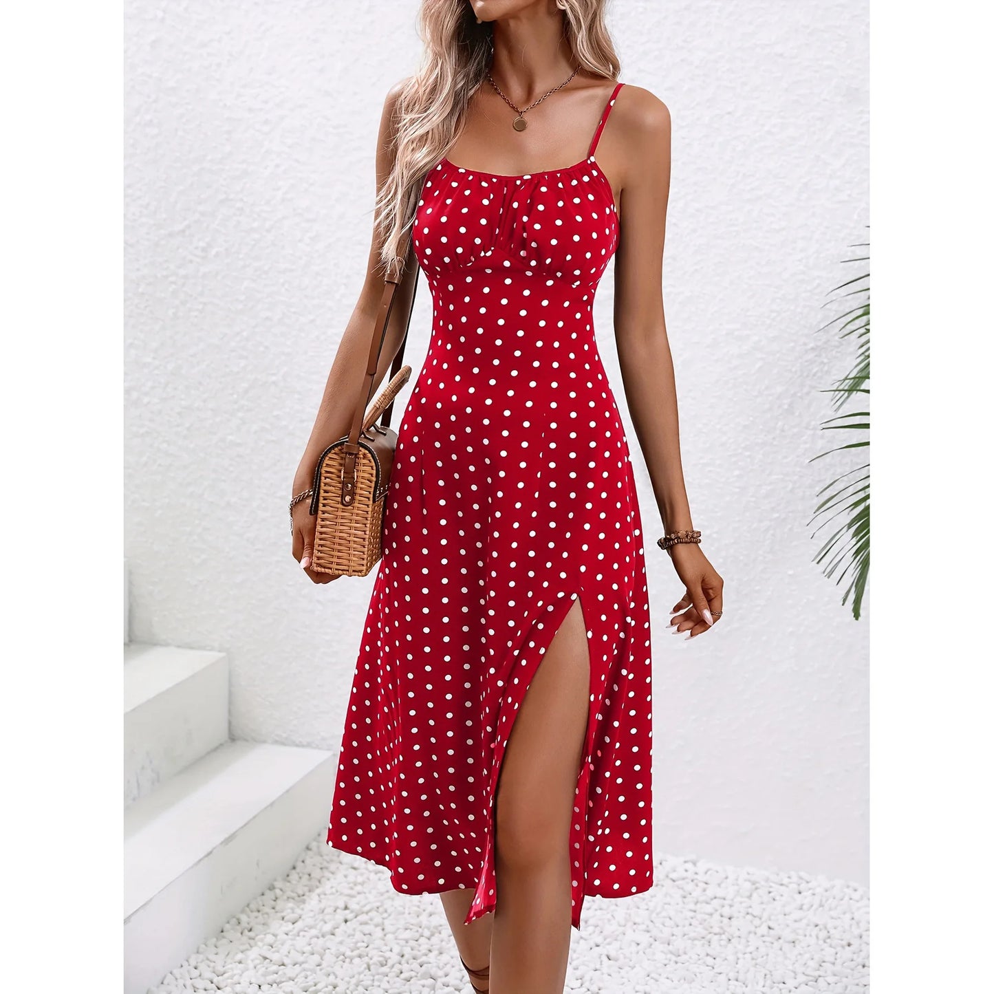 Vestidos de tirantes finos con estampado de flores para mujer, primavera y verano, nuevos, sin espalda, ajustados, sin mangas, con abertura, estilo vacacional para mujer
