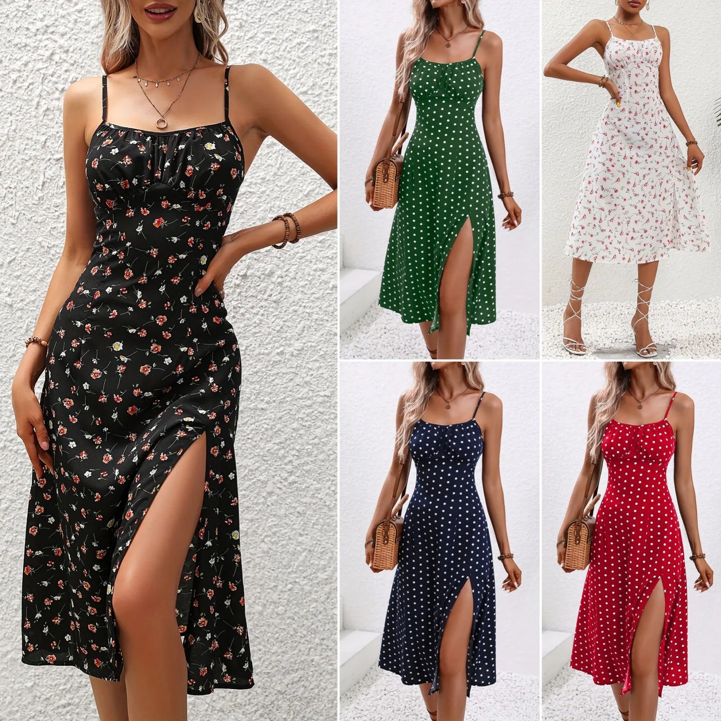 Vestidos de tirantes finos con estampado de flores para mujer, primavera y verano, nuevos, sin espalda, ajustados, sin mangas, con abertura, estilo vacacional para mujer