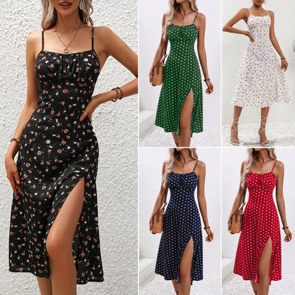 Vestidos de tirantes finos con estampado de flores para mujer, primavera y verano, nuevos, sin espalda, ajustados, sin mangas, con abertura, estilo vacacional para mujer