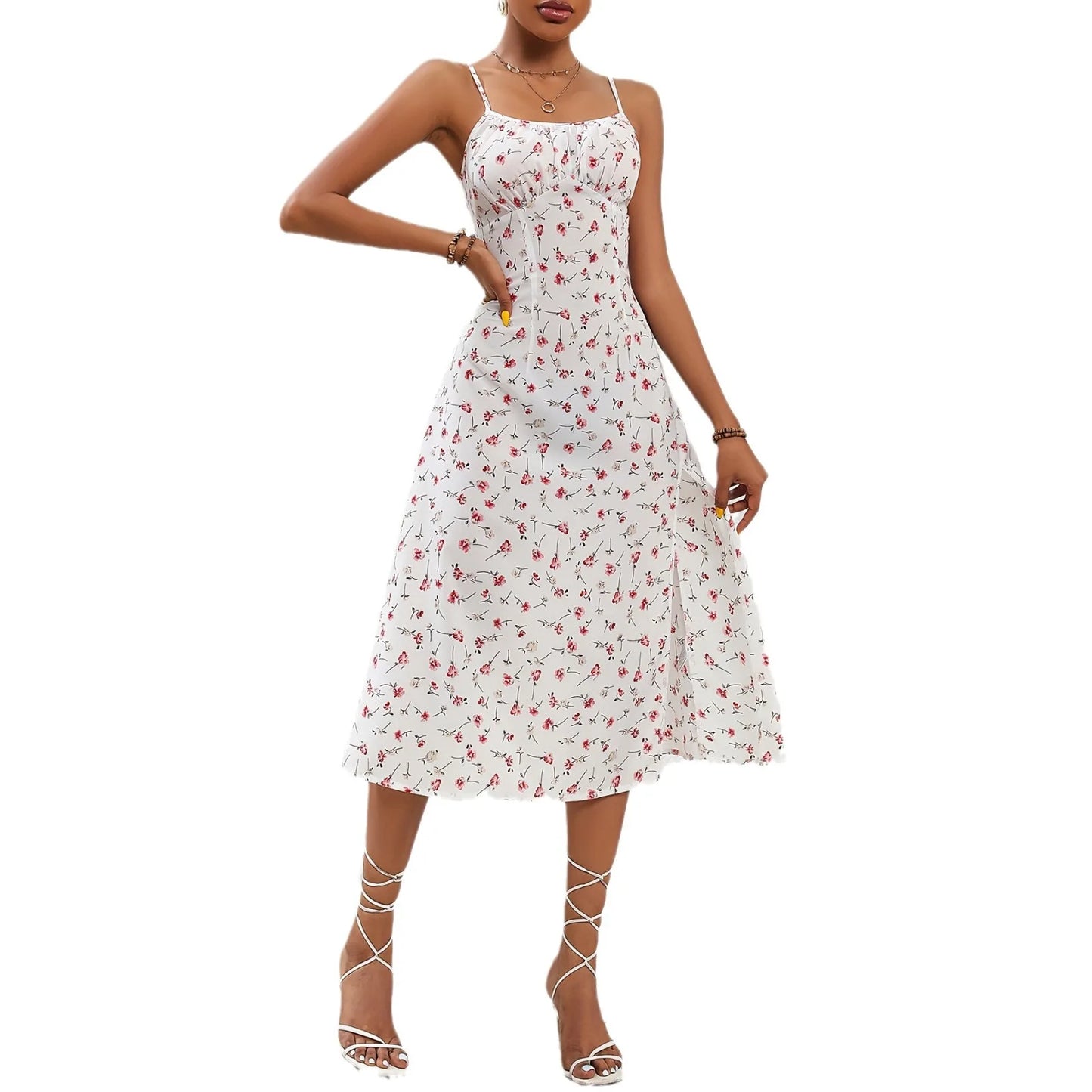 Vestidos de tirantes finos con estampado de flores para mujer, primavera y verano, nuevos, sin espalda, ajustados, sin mangas, con abertura, estilo vacacional para mujer