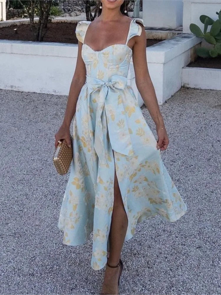 Vestidos largos sin mangas con estampado de flores para mujer, sexys, de corte bajo, sin espalda, con lazo, con abertura y temperamento, novedad de 2025
