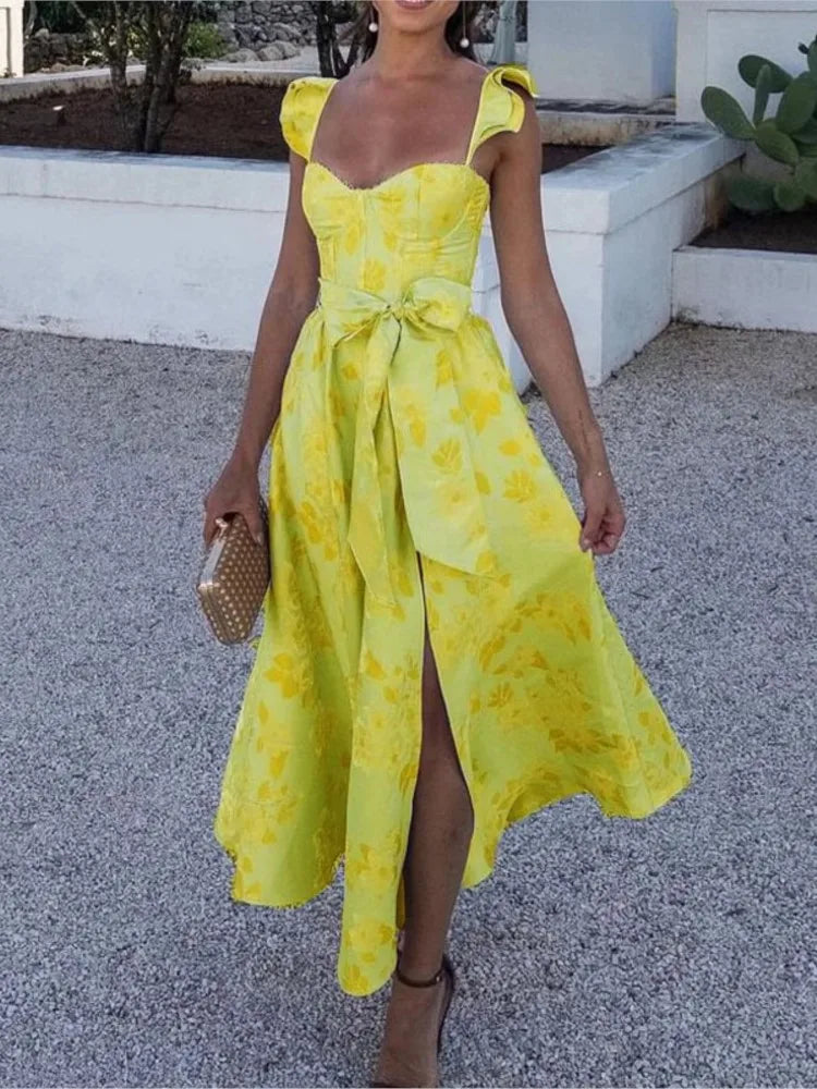 Vestidos largos sin mangas con estampado de flores para mujer, sexys, de corte bajo, sin espalda, con lazo, con abertura y temperamento, novedad de 2025