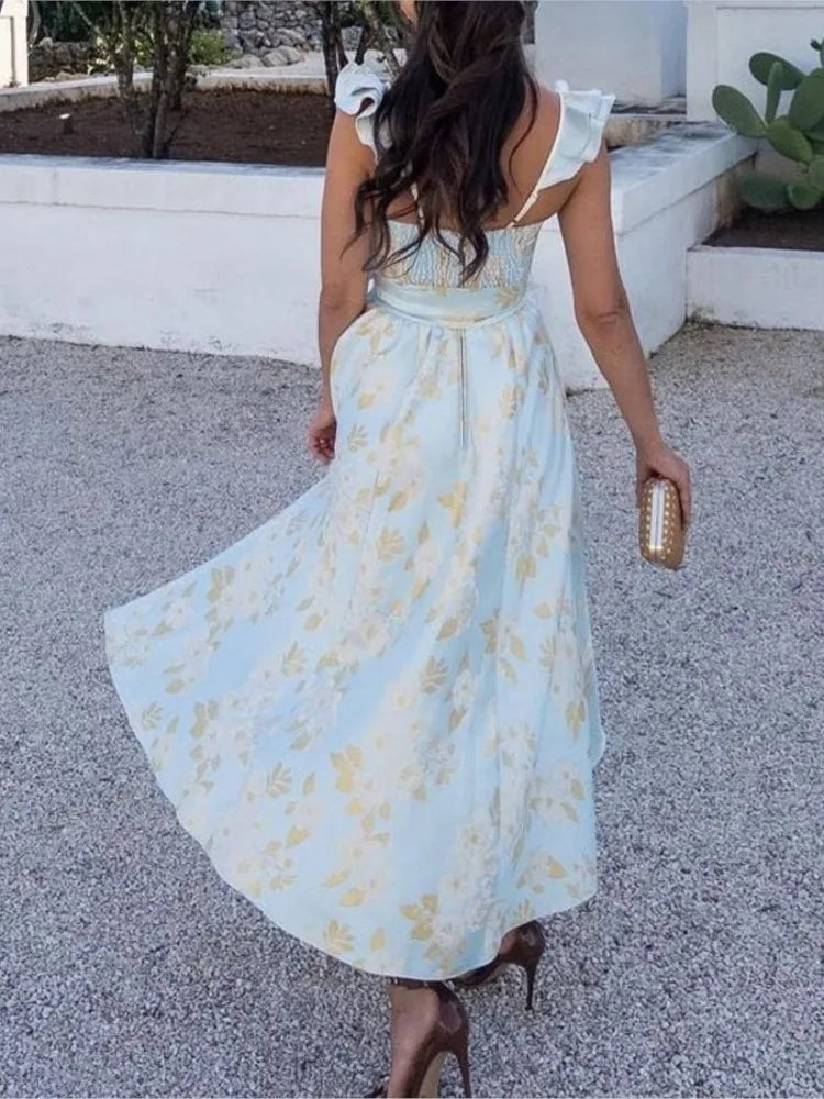 Vestidos largos sin mangas con estampado de flores para mujer, sexys, de corte bajo, sin espalda, con lazo, con abertura y temperamento, novedad de 2025