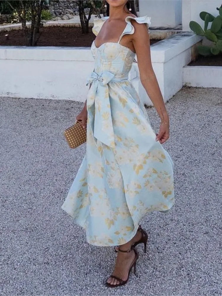 Vestidos largos sin mangas con estampado de flores para mujer, sexys, de corte bajo, sin espalda, con lazo, con abertura y temperamento, novedad de 2025