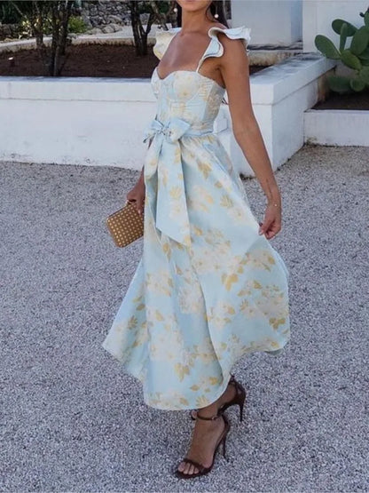 Vestidos largos sin mangas con estampado de flores para mujer, sexys, de corte bajo, sin espalda, con lazo, con abertura y temperamento, novedad de 2025