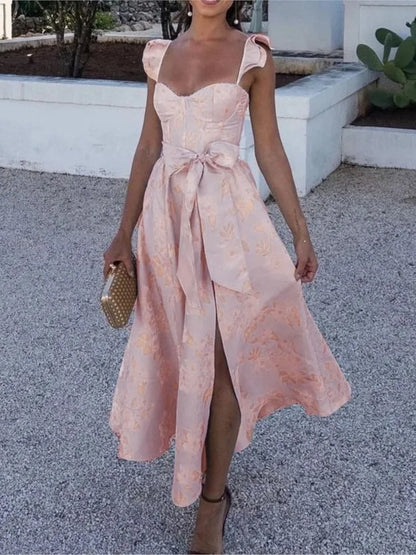 Vestidos largos sin mangas con estampado de flores para mujer, sexys, de corte bajo, sin espalda, con lazo, con abertura y temperamento, novedad de 2025