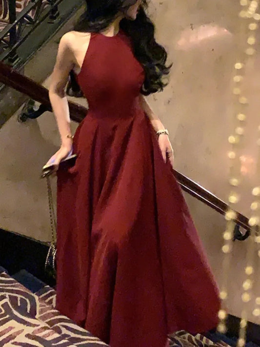 Vestidos largos de fiesta de noche vintage de Francia para mujer, lisos, sin mangas, corte en A, estilo princesa, para boda, graduación, nuevo vestido de primavera para mujer