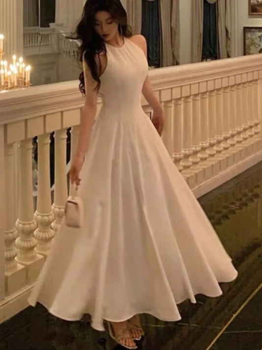Vestidos largos de fiesta de noche vintage de Francia para mujer, lisos, sin mangas, corte en A, estilo princesa, para boda, graduación, nuevo vestido de primavera para mujer