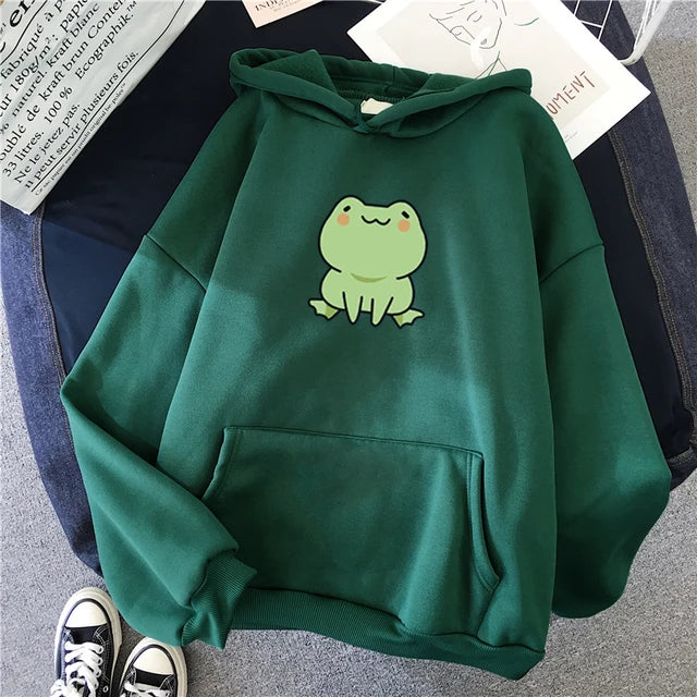 Sudadera de rana con dibujos animados, estilo Harajuku, de manga larga, con capucha, estilo kawaii, para niñas, de forro polar, con bolsillos, color verde