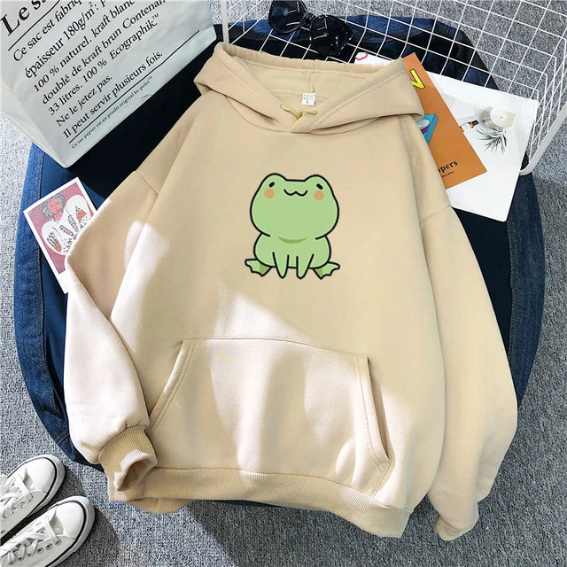 Sudadera de rana con dibujos animados, estilo Harajuku, de manga larga, con capucha, estilo kawaii, para niñas, de forro polar, con bolsillos, color verde