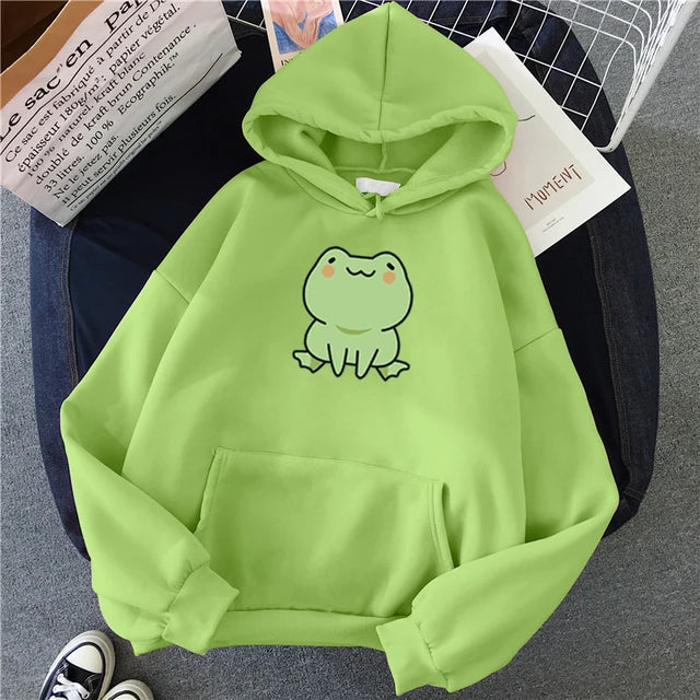 Sudadera de rana con dibujos animados, estilo Harajuku, de manga larga, con capucha, estilo kawaii, para niñas, de forro polar, con bolsillos, color verde