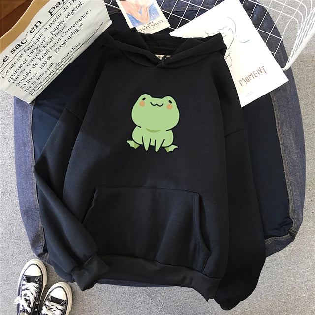 Sudadera de rana con dibujos animados, estilo Harajuku, de manga larga, con capucha, estilo kawaii, para niñas, de forro polar, con bolsillos, color verde