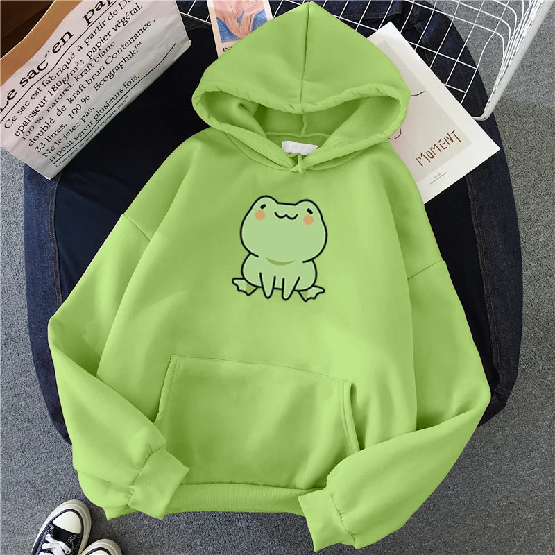 Sudadera de rana con dibujos animados, estilo Harajuku, de manga larga, con capucha, estilo kawaii, para niñas, de forro polar, con bolsillos, color verde