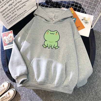 Sudadera de rana con dibujos animados, estilo Harajuku, de manga larga, con capucha, estilo kawaii, para niñas, de forro polar, con bolsillos, color verde