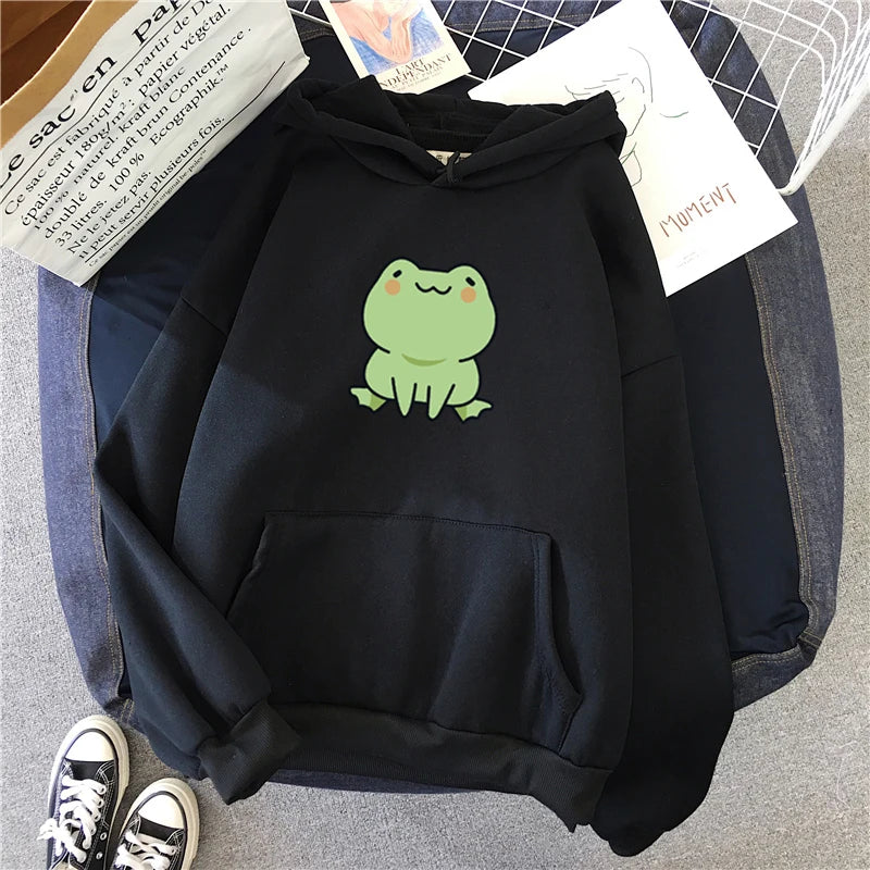 Sudadera de rana con dibujos animados, estilo Harajuku, de manga larga, con capucha, estilo kawaii, para niñas, de forro polar, con bolsillos, color verde