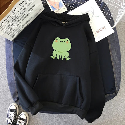 Sudadera de rana con dibujos animados, estilo Harajuku, de manga larga, con capucha, estilo kawaii, para niñas, de forro polar, con bolsillos, color verde