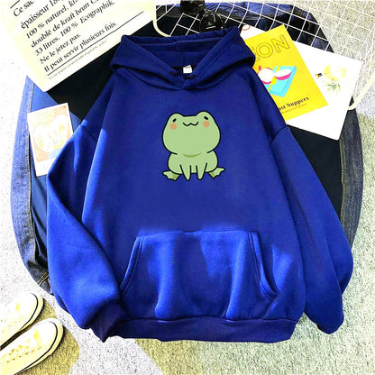 Sudadera de rana con dibujos animados, estilo Harajuku, de manga larga, con capucha, estilo kawaii, para niñas, de forro polar, con bolsillos, color verde