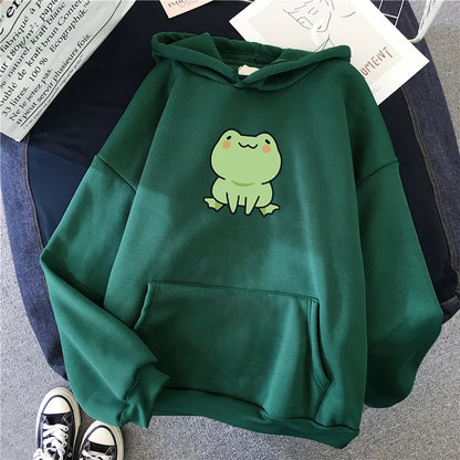 Sudadera de rana con dibujos animados, estilo Harajuku, de manga larga, con capucha, estilo kawaii, para niñas, de forro polar, con bolsillos, color verde