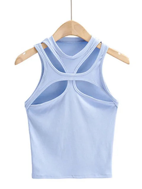 Chaleco sexy de verano para niñas, de punto, asimétrico, hueco, de color liso, con cuello redondo y manga corta, en el pecho.