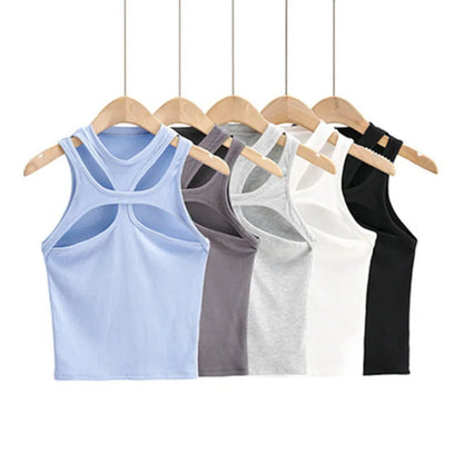 Chaleco sexy de verano para niñas, de punto, asimétrico, hueco, de color liso, con cuello redondo y manga corta, en el pecho.