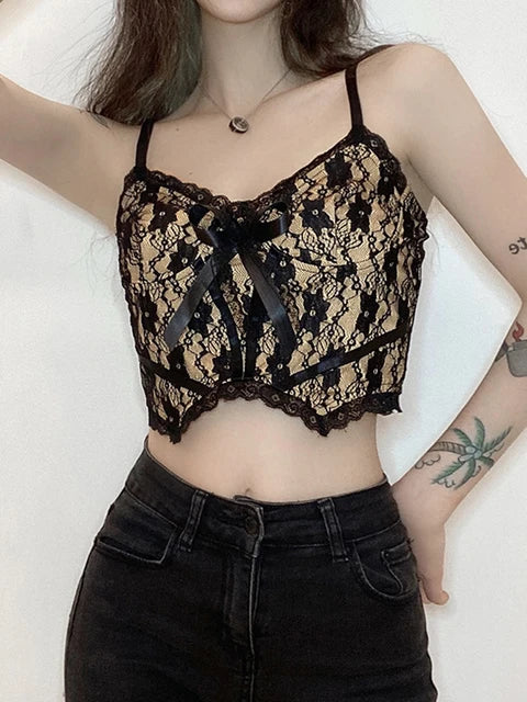 Goth Aesthetic Lace Crop Tops Women Back Zip Up Dark Academia E Girl Clothes Double Layer V Neck Sexy Cami Top 2025