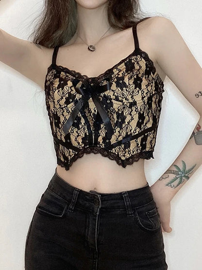 Goth Aesthetic Lace Crop Tops Women Back Zip Up Dark Academia E Girl Clothes Double Layer V Neck Sexy Cami Top 2025