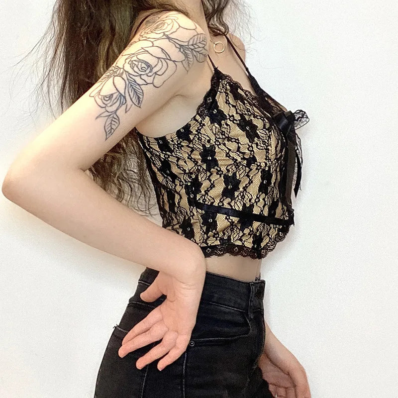 Goth Aesthetic Lace Crop Tops Women Back Zip Up Dark Academia E Girl Clothes Double Layer V Neck Sexy Cami Top 2025
