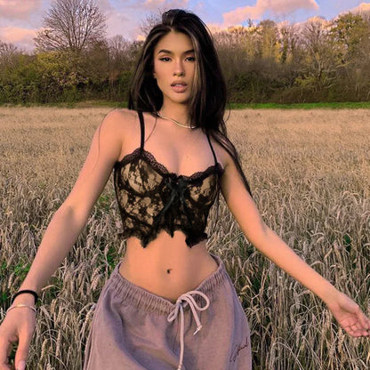 Goth Aesthetic Lace Crop Tops Women Back Zip Up Dark Academia E Girl Clothes Double Layer V Neck Sexy Cami Top 2025