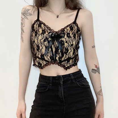 Goth Aesthetic Lace Crop Tops Women Back Zip Up Dark Academia E Girl Clothes Double Layer V Neck Sexy Cami Top 2025