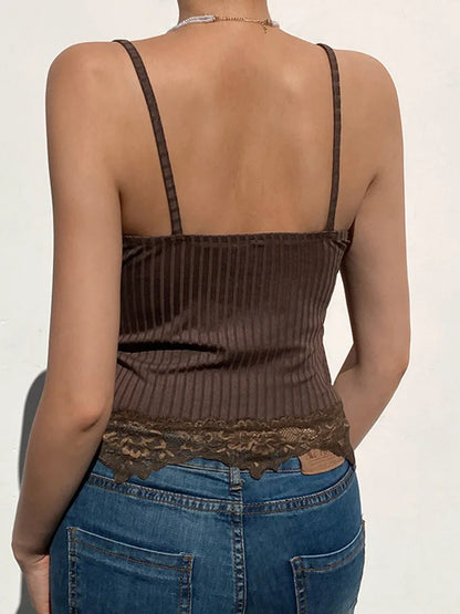 Camisola gótica básica ajustada para mujer, estilo grunge punk, negra, informal, con ribete de encaje, acanalada, sin espalda, ropa alternativa de verano