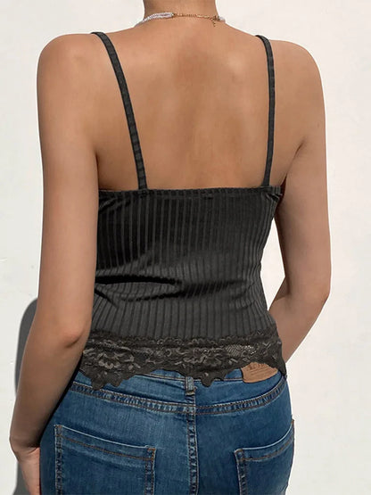 Camisola gótica básica ajustada para mujer, estilo grunge punk, negra, informal, con ribete de encaje, acanalada, sin espalda, ropa alternativa de verano