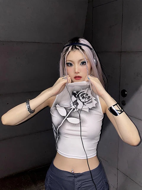Camiseta sin mangas con estampado de rosas góticas, estética Y2K, top corto sin mangas, estilo Harajuku, ropa de calle negra, tops de verano para mujer, ropa ajustada