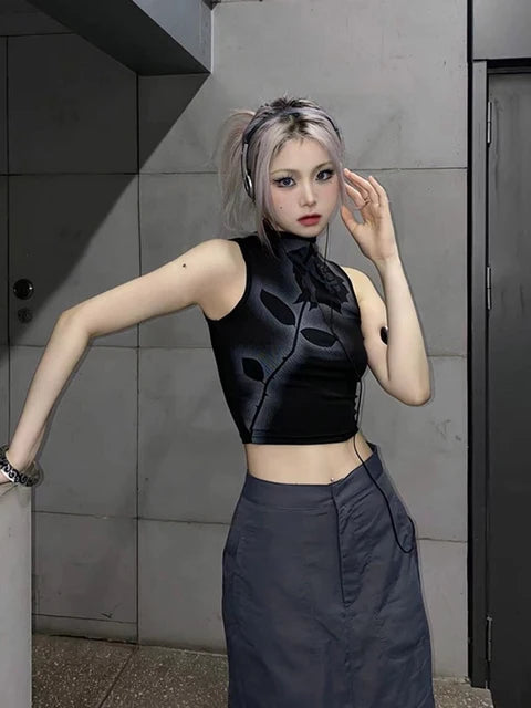 Camiseta sin mangas con estampado de rosas góticas, estética Y2K, top corto sin mangas, estilo Harajuku, ropa de calle negra, tops de verano para mujer, ropa ajustada