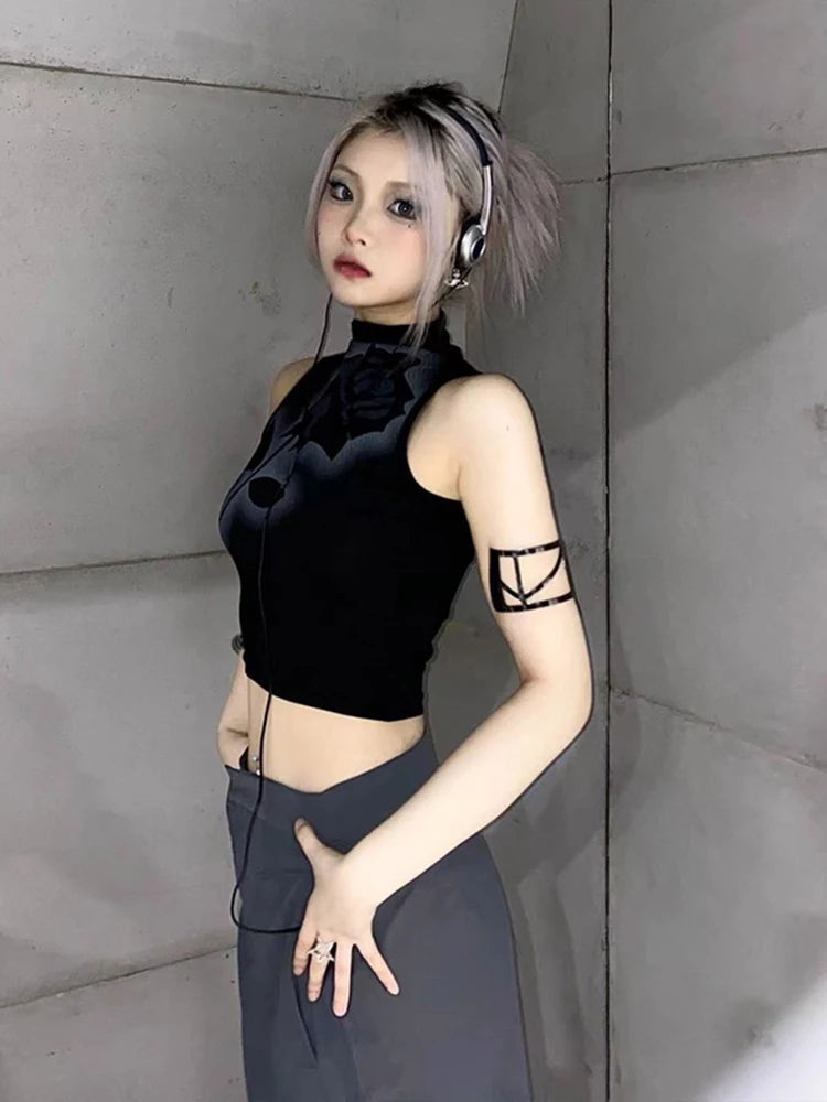 Camiseta sin mangas con estampado de rosas góticas, estética Y2K, top corto sin mangas, estilo Harajuku, ropa de calle negra, tops de verano para mujer, ropa ajustada