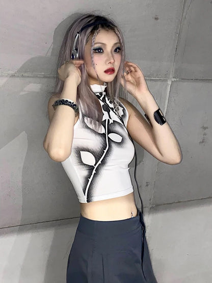Camiseta sin mangas con estampado de rosas góticas, estética Y2K, top corto sin mangas, estilo Harajuku, ropa de calle negra, tops de verano para mujer, ropa ajustada