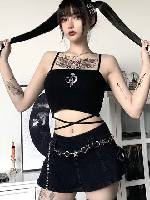 Top corto ajustado con cuello cuadrado y tirantes estampados góticos para mujer, camiseta sexy con cuello halter, ropa de fiesta para niñas 2025