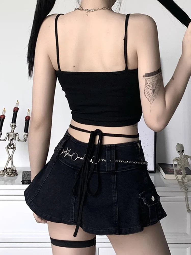Top corto ajustado con cuello cuadrado y tirantes estampados góticos para mujer, camiseta sexy con cuello halter, ropa de fiesta para niñas 2025
