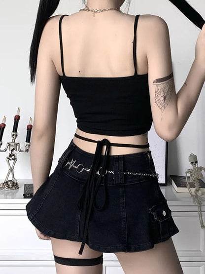 Top corto ajustado con cuello cuadrado y tirantes estampados góticos para mujer, camiseta sexy con cuello halter, ropa de fiesta para niñas 2025