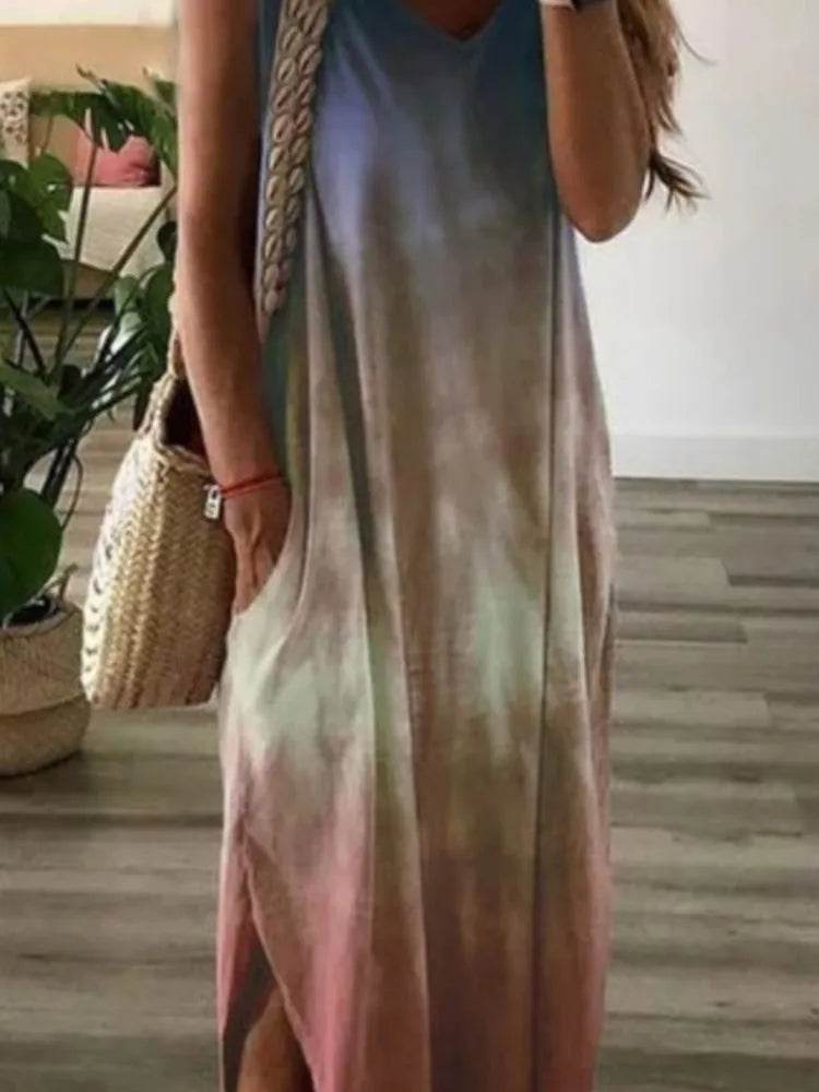 Vestidos largos sin mangas con estampado tie-dye degradado para mujer, moda informal, cuello en V, holgados, con abertura, estilo chaleco, de verano, línea A