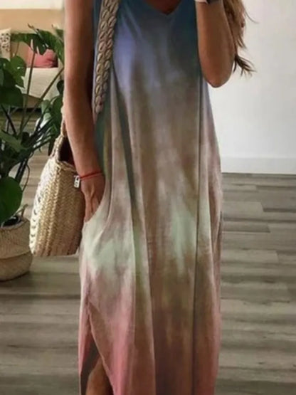 Vestidos largos sin mangas con estampado tie-dye degradado para mujer, moda informal, cuello en V, holgados, con abertura, estilo chaleco, de verano, línea A