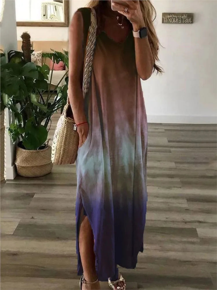 Vestidos largos sin mangas con estampado tie-dye degradado para mujer, moda informal, cuello en V, holgados, con abertura, estilo chaleco, de verano, línea A