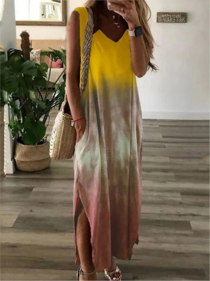 Vestidos largos sin mangas con estampado tie-dye degradado para mujer, moda informal, cuello en V, holgados, con abertura, estilo chaleco, de verano, línea A