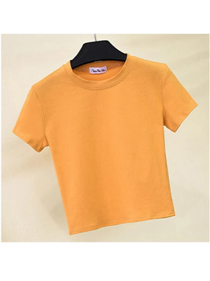 Camiseta corta verde de algodón liso para mujer, cuello redondo, manga corta, cintura alta, ajustada, deportiva.