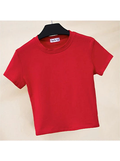Camiseta corta verde de algodón liso para mujer, cuello redondo, manga corta, cintura alta, ajustada, deportiva.