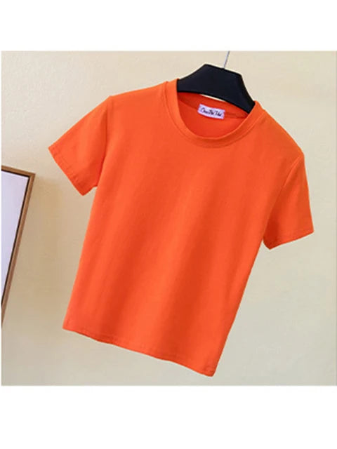 Camiseta corta verde de algodón liso para mujer, cuello redondo, manga corta, cintura alta, ajustada, deportiva.