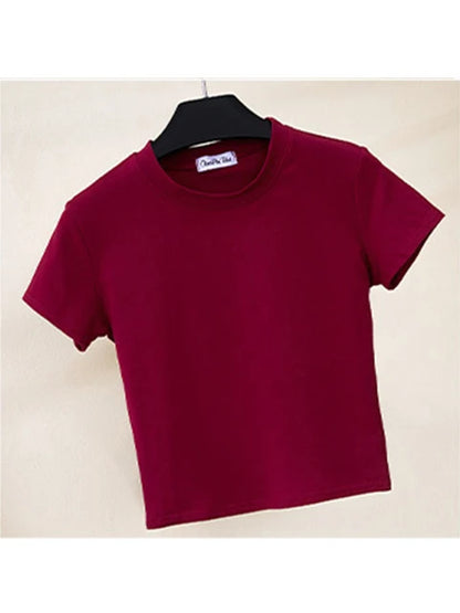 Camiseta corta verde de algodón liso para mujer, cuello redondo, manga corta, cintura alta, ajustada, deportiva.
