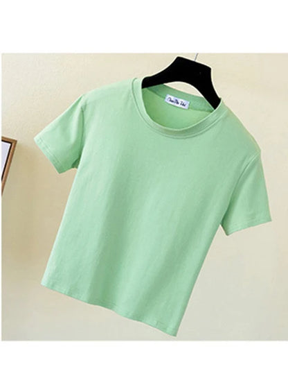 Camiseta corta verde de algodón liso para mujer, cuello redondo, manga corta, cintura alta, ajustada, deportiva.